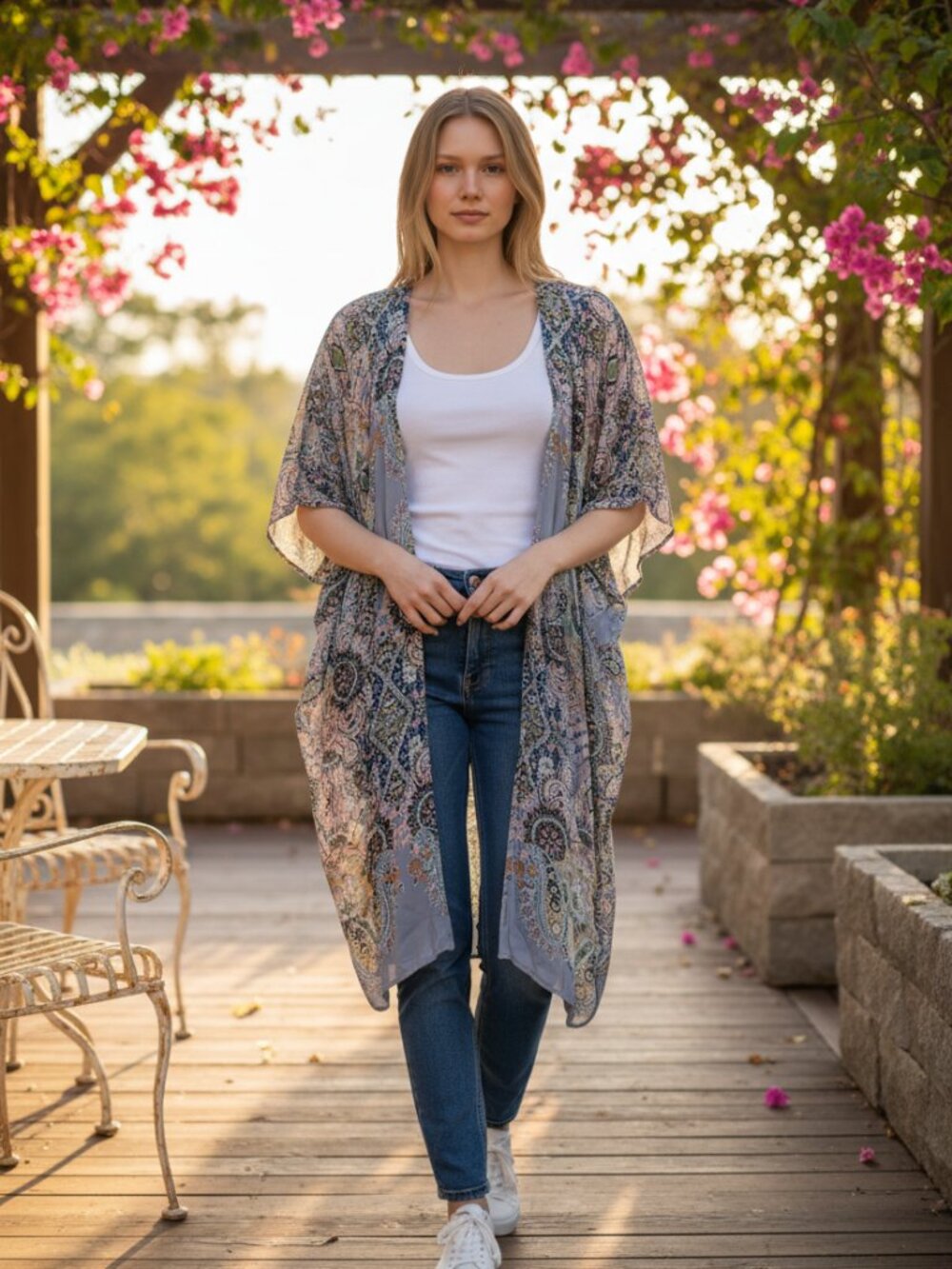 Paisly floral open front intricate multi color BOHO Style kimono